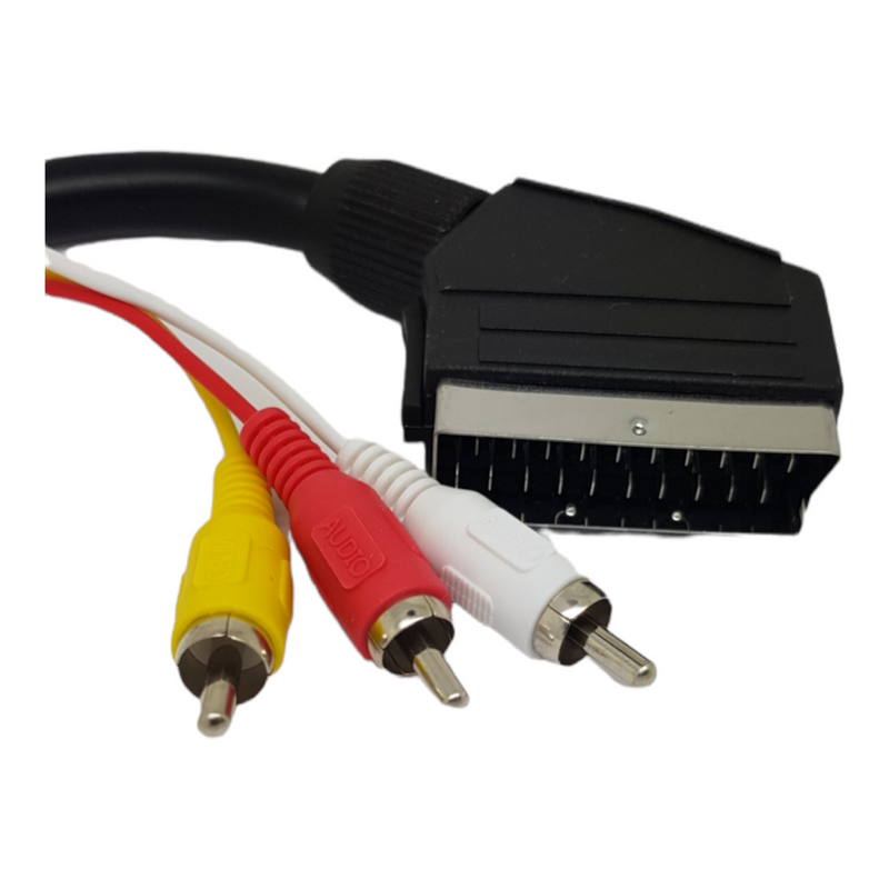 2m Scart Plug In Out to Red White Yellow RCA 6 x Phono Plugs AV